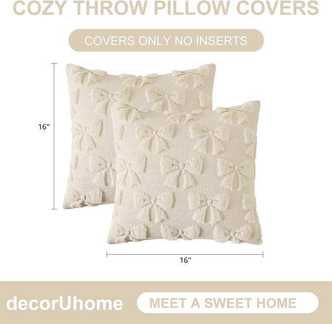 decorUhome Beige Bow Pillow Covers Set of 2 Coquette Aesthetic Cute Preppy Plush Faux Pillowcases for Girly Bedroom or Couch 16x16 Inch