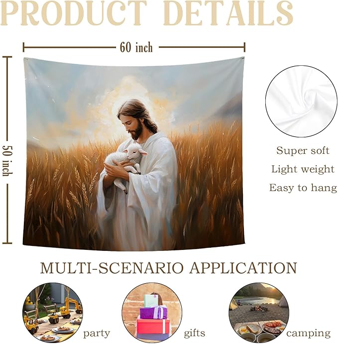bitCNY Jesus Holding Lamb Tapestry – The Good Shepherd Christian Wall Decor, Religious Art for Faithful Homes, 50x60 Inch Soft Fabric
