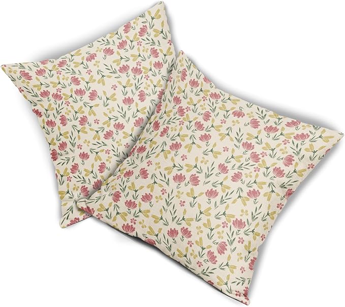 Green Pink Yellow Floral Pillow Covers 16x16 Set of 2 Vintage Rustic Old Style Cute Small Flower Print Decorative Outdoor Pillowcases Farmhouse Throw Cushion Case Decor for Couch Sofa Bed