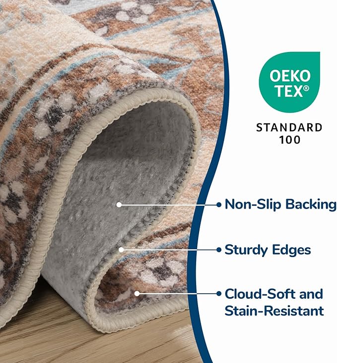 Lessymo 5x7 Area Rugs- Machine Washable Area Rugs, Super Soft Faux-Wool Area Rug for Living Room Bedroom, Boho Area Rug Vintage Floral Medallion Non-Slip Low Pile, Orange Beige