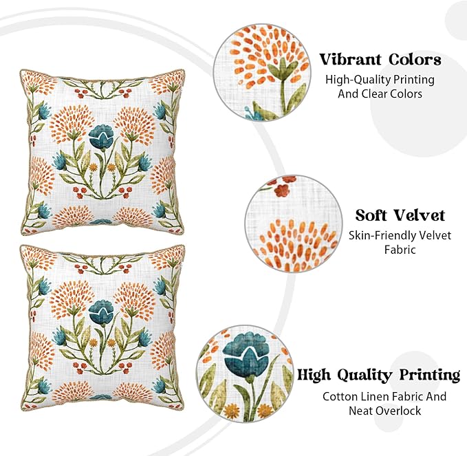 KSLIDS Floral Leaf Soft Velvet Throw Pillow Covers Set of 2 Orange Flowers Sage Green Leaves Decorative Pillow Covers 16x16 Inch Farmhouse Pillow Case for Sofa Couch Living Room Home Decor