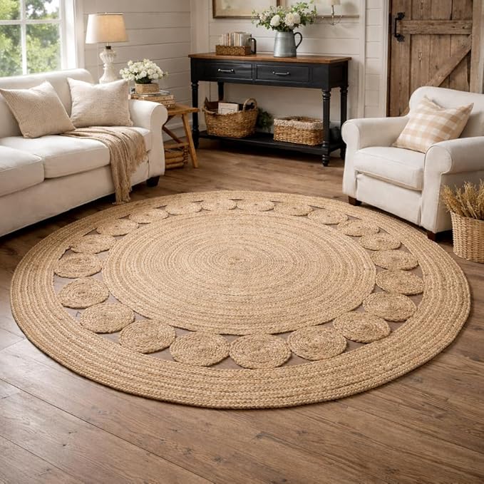 Savi Home Round Jute Area Rug Handwoven- 8 feet Round- Natural Beige - Rustic Vintage Beige Braided Reversible Rug- Eco Friendly Rugs for Farmhouse, Bedroom, Kitchen, Living Room