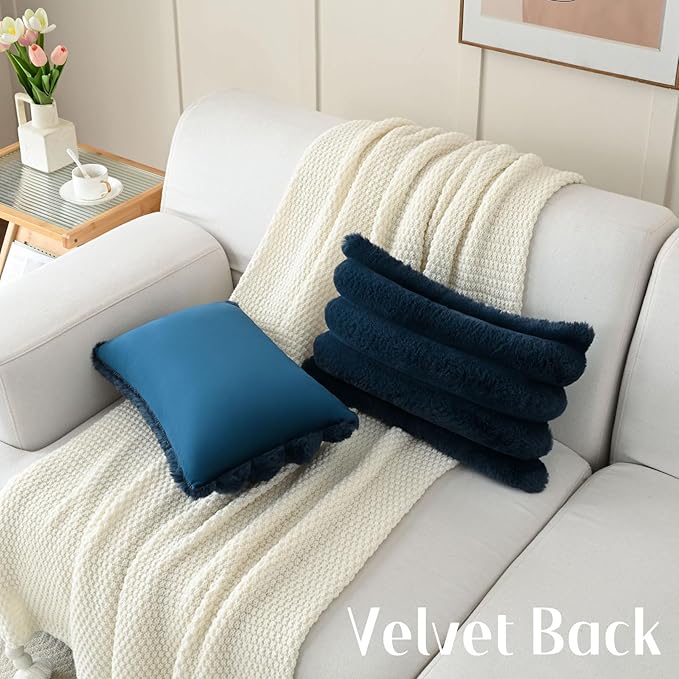 FUTEI Navy Blue Decorative Throw Pillow Covers 12x20 Inch Set of 2, Square Soft Faux Rabbit Fur Thick Striped Lumbar Pillow Case,Spring Home Decor for Couch Bed Living Room
