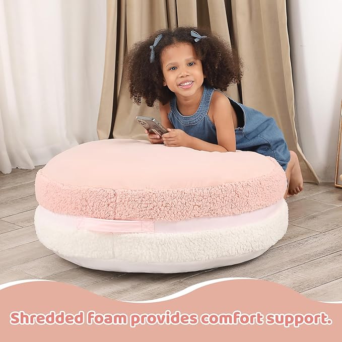 Macaron Bean Bag Chair for Kids and Teens, Medium Bean Bag Sofa with Memory Foam Filling, 27.5"×27.5"×13.5", Pink and White