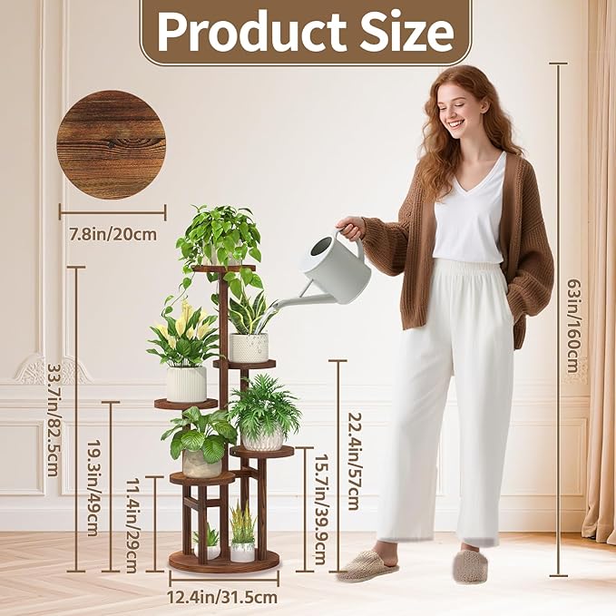 LASZOLA Brown 5 Tiered Wooden Plant Stand Indoor with Heavy Duty Planter, Large Multiple Level Vertical Flower Rack for Narrow Corner, Sturdy Rustic Shelving Organizer Holder for Modern House Bathroom