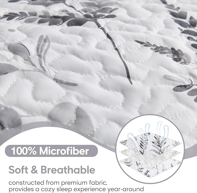 JSD Grey White Floral Quilt Set Twin Size, 2 Piece Printed Bedspreads Coverlet with Pillow Sham, Soft Microfiber Quilted Blanket