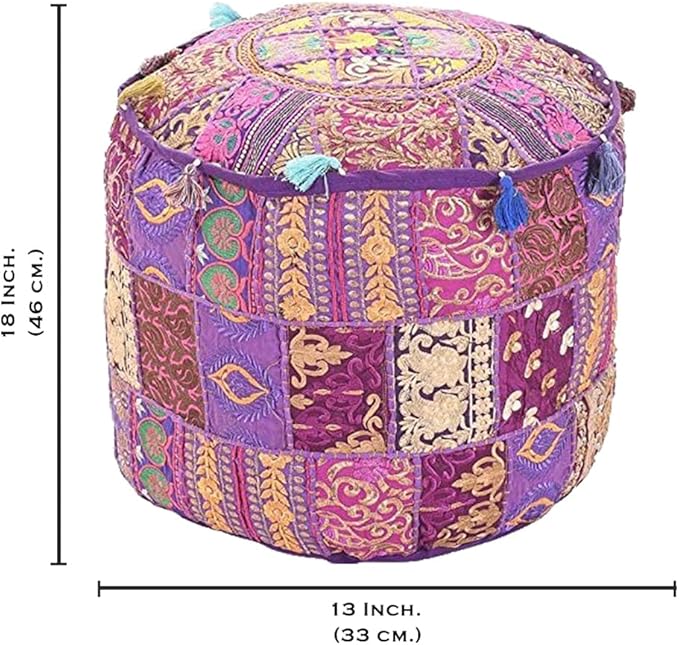 Aakriti Gallery Indian Pouf Footstool Ethnic Embroidered Pouf Cover, Indian Cotton Round Pouffe Ottoman Pouf Cover Pillow Ethnic Decor Art - Cover Only (Purple, 18x13)