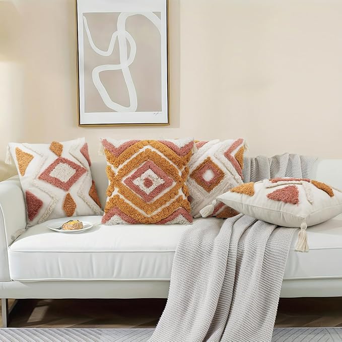Merrycolor Boho Throw Pillow Covers 20x20 with Tassels, Decorative Pillow Covers Woven Tufted Bohemian Pillow Covers for Couch Sofa Bedroom Living Room
