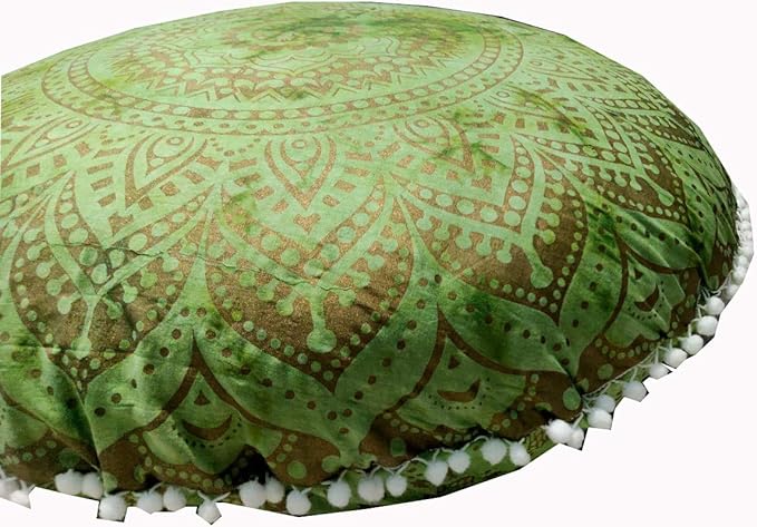 Mandala Barmeri Large Floor Pillow Cover Cushion Meditation Seating Ottoman Throw Cover Hippie Decorative Zipped Bohemian Pouf Ottoman Poufs, Pom Pom Pillow Cases Blue Gold Trishol, 32 inch Round