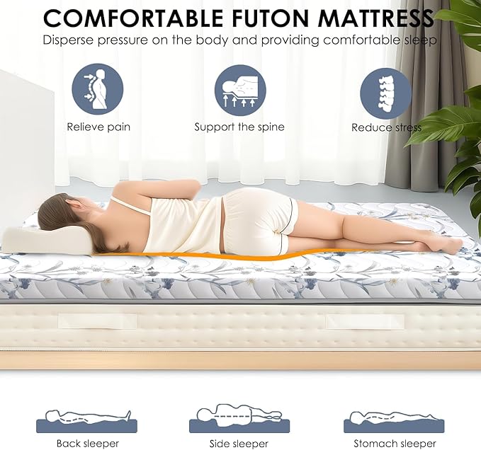 Japanese Floor Mattress, 3.5" Thicken Ink Wash Floral Pattern Portable Futon Mattress, 100% High-Density Foam Tatami Mat Sleeping Pad for Camping Guest Room Dormitory RV, White, Full