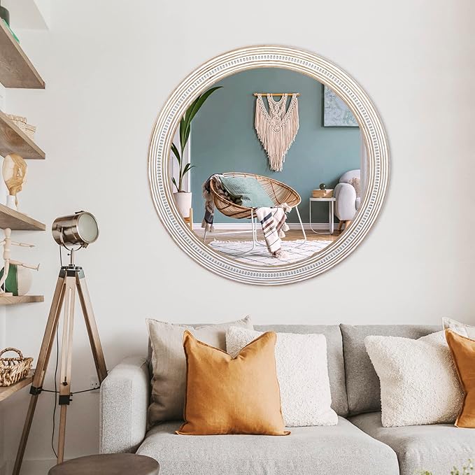 30 Inches Wooden Round Mirrors for Wall Decor, Rustic Farmhouse Decorative Circle Mirror for Bathroom Over Sink, Living Room, Foyer, Entryway