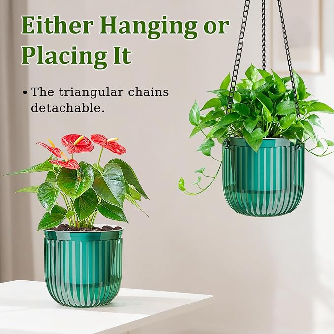 Halatool 2 Pack 6.5 Inch Self-Watering Hanging Planters for Plants, Indoor Hanging Flower Pots for Garden Home Wall Decor, Green