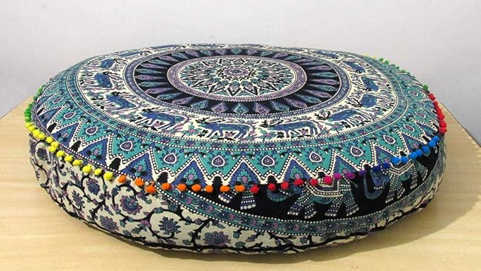 ICC Large Hippie Mandala Round Floor Pillow Cover Ottoman Pouf Cover Daybed Oversized Cotton Cushion Cover with Heavy Duty Zipper Seating Ottoman Poufs Dog-Pets Bed (Green Deer, 35" Round)