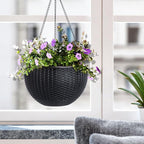 Vencer 11 Inch Round Resin Self Watering Hanging Basket,Water Indicator,Modern Decorative Planter Pot for All House Plants,Black,VF-050B