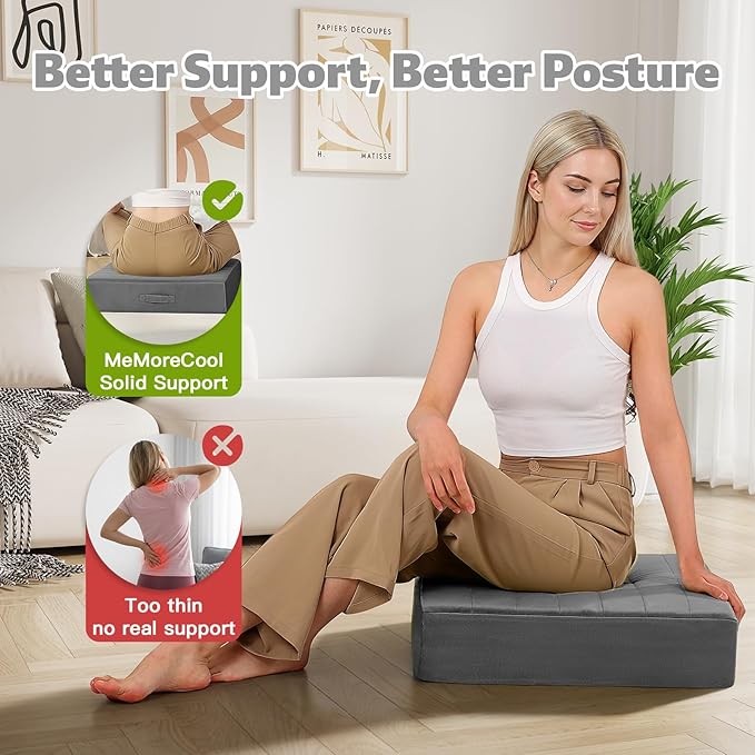 MeMoreCool Square Floor Pillows for Adults Kids, 2 Sets Large Meditation Cushion with 5" Thick Foam and Washable Tufted Cover, 24 Inch Grey Seat Floor Cushions for Sitting and Yoga