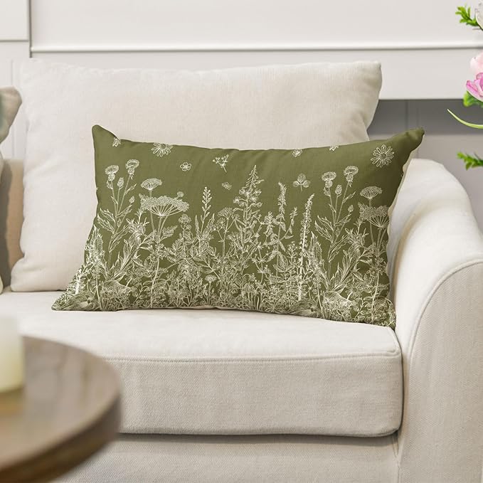 AVOIN colorlife Wildflowers Spring Antique Herbs Green Throw Pillow Cover, 12 x 20 Inch Flower Cushion Case Decoration for Sofa Couch