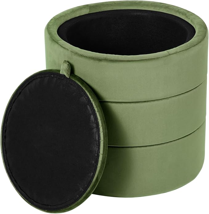 Spatial Order Storage Round Ottoman with Removable Lid (with Hidden Storage) | Spatial Order Home Décor | Upholstered Round Velvet Ottoman – Green Velvet