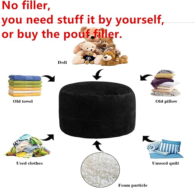 Asuprui Unstuffed Pouf Ottoman Round Poof Ottoman No Filler Soft Faux Fur Foot Stool 20x20x12 Inches Fuzzy Chair Floor Pouf Foot Rest with Storage for Living Room Bedroom Black