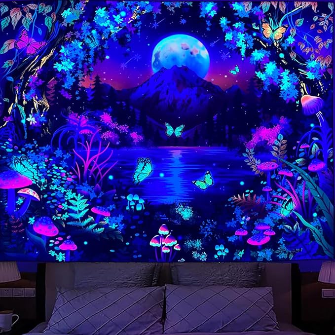 Jhdstore Blacklight Fantasy Forest Tapestry for Bedroom UV Reactive Tapestry Glow in the Dark Wall Tapestries Wall Hanging Galaxy Space Blacklight Posters for Bedroom Living Room Decor 60”x80”