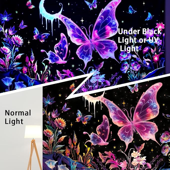 Yuiqear Blacklight Butterfly Tapestry UV Reactive Floral Plant Tapestries Trippy Nature Landscape Wall Tapestries Mysterious Starry Night Sky Tapestry Wall Hanging for Bedroom Decor