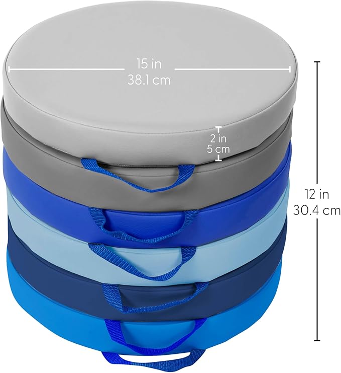 Factory Direct Partners SoftScape 15 inch Round Classroom Floor Cushions with Handles Flexible Seating for Daycare, Preschool, Playroom 2 inch Thick Deluxe Foam (6-Piece) - Navy/Powder Blue