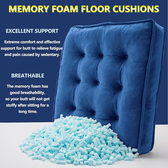 Floor Pillow Set of 2, Memory Foam Meditation Cushion, Floor Cushions for Adults Sitting, Large Square Seat Cushions for Yoga, Couch, Sofa, Kids, Living Room, 20x20 Inch (Navy Blue)