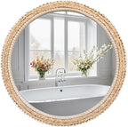 FUIN 24" Rattan and Wood Round Mirror for Boho Bathroom, Entryway, Living Room Decor