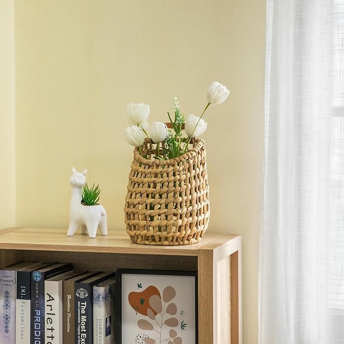 Water Hyacinth Hanging Basket with Faux Leather Strap - Handwoven Boho Wall Basket for Plant Flower Storage Home Decor (1)