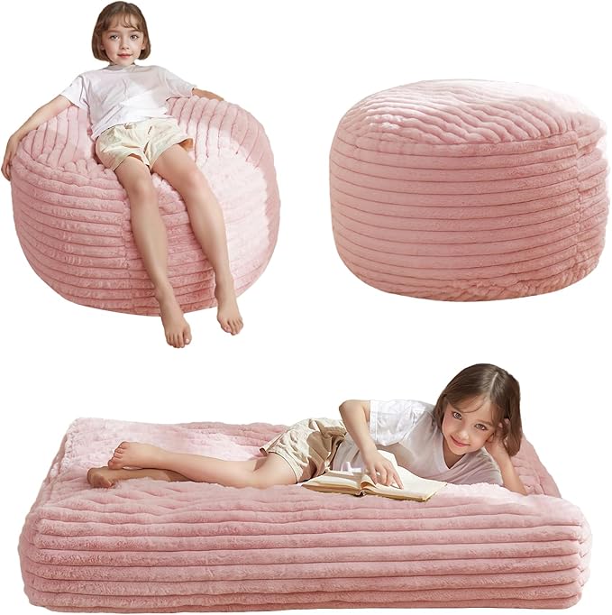 MAXYOYO Kids Bean Bag Chair Bed, Convertible Children Chair to Floor Mattress with Filler, Faux Fur Bean Bag Bed Stuffed Child Sofa Couch for Girl Boy Sleeping, Machine Washable Cover, Pink