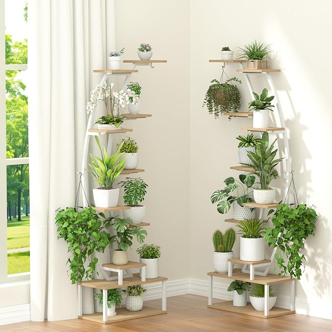 Plant Stand Shelf Rack Indoor with 8 Built in Grow Light, 10 Tiered 65" Tall White Large Lighted Half Moon Curved Plant Stand for Indoor Growing, 2 Pack Arch Sturdy High Herb Shelving