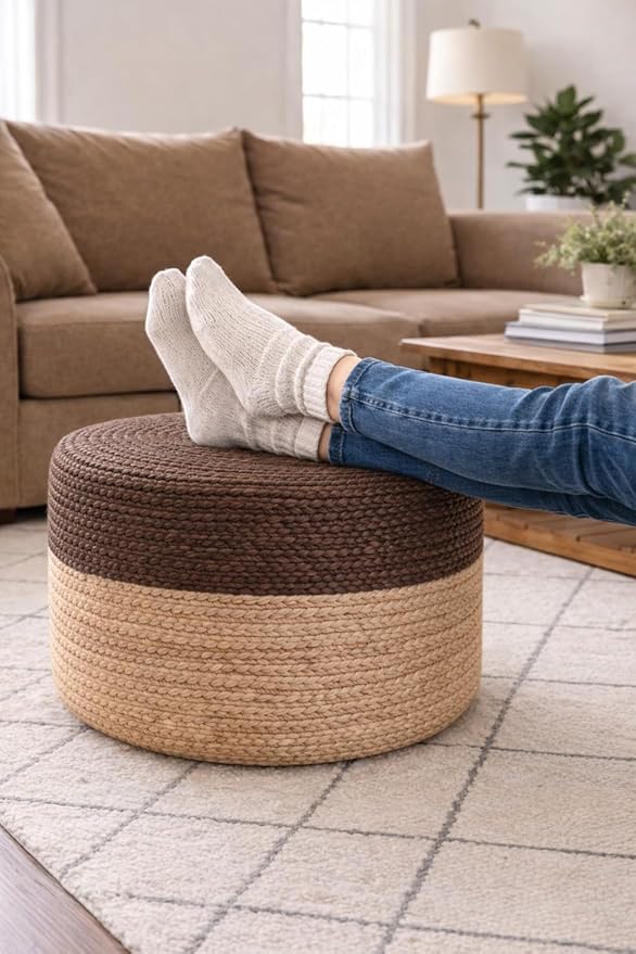 Jute Pouf Ottoman | Footrest Pouf | Hand Braided - Round Boho Pouffe - for Living Room, Bedroom, Nursery (20"x20"x10") Brown