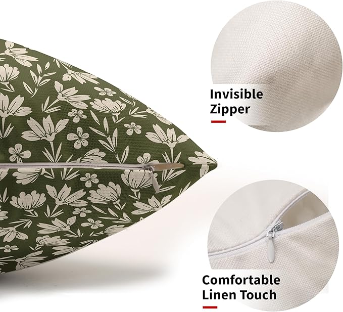 Olive Green Pillow Covers 12x20 Set of 2 Vintage Floral Rustic Old Style Cute Flower Print Rectangle Decorative Outdoor Pillowcases Seasonal Farmhouse Throw Cushion Case Couch Sofa Bed Decor