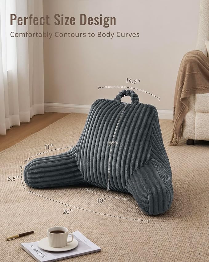 Blissful Diary Reading Pillow for Sitting in Bed, Flannel Back Pillow Bed Sitting Up for Adult & Children, Backrest Cushion for Sit Up in Couch or Floor, Dorm Essentials, Dark Gray