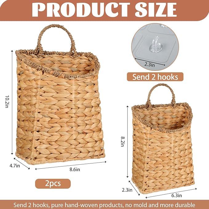 2 Pack Woven Hanging Wall Basket for Front Door 10.2'' + 8.2'' Water Hyacinth Basket for Flowers Handmade Hanging Wicker Baskets Boho Wall Mount Storage Organize for Home Door Shelves Walls