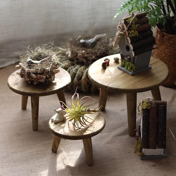 Mini Round Wooden Stool, Indoor Plant Stand Table, Decorative Wooden Stool Display Stand Modern Plant Stand Flower Pot Holder for Outdoor Indoor Home Garden Patio(S)
