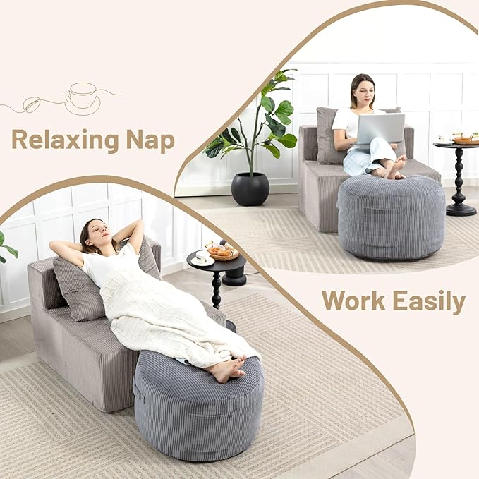 Round Stuffed Pouf Ottoman,Corduroy Foot Rest with Rebound Foam Filled, Furry and Fluffy Foot Stool Ottoman, Floor Poufs for Living Room (Gray, 20" D x 20" W x 15" H)