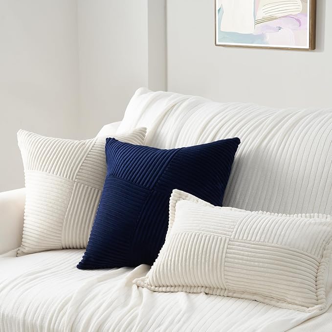 Topfinel 16x16 Inch Decorative Throw Pillow Covers Soft Corduroy Boho Stripe Textured Blue Pillow Covers Set of 2 Spring Farmhouse Home Decor for Living Room Couch Sofa Bed