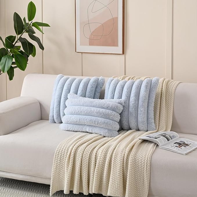 FUTEI Light Blue Decorative Throw Pillow Covers 24x24 Inch Set of 2, Square Soft Faux Rabbit Fur Thick Striped European Cushion Covers,Spring Home Decor for Couch Bed Living Room