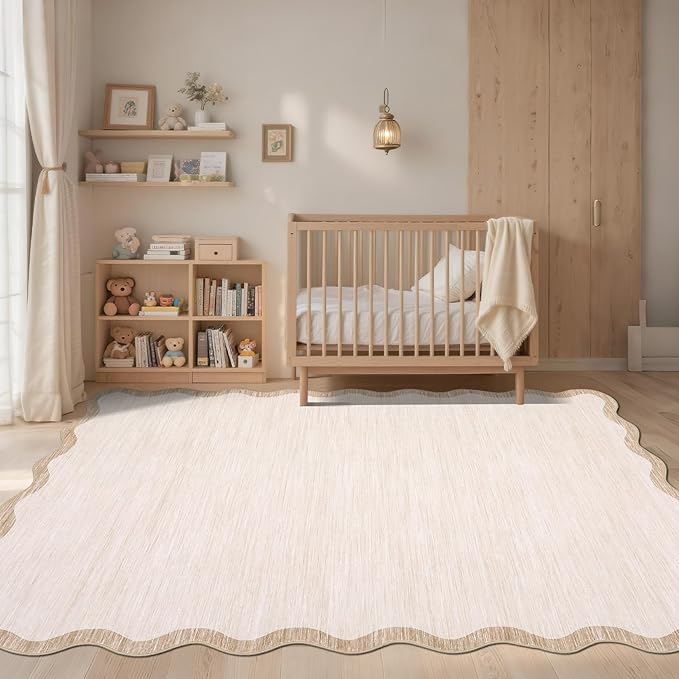 GarveeHome Scalloped Washable Rug 10x13 Area Rug for Bedroom Farmhouse Living Room Rug Non Slip Large Area Rug Low Pile Throw Rugs Stain Resistant Carpet for Dining Room Beige 10 ft x13 ft