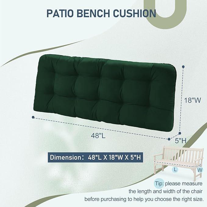 downluxe Outdoor Bench Cushion for Patio Furniture, Water Resistant Tufted Overstuffed Porch Swing Cushions, Thick Outdoor Loveseat Cushions, 48" X 18" X 5", Forest Green, Set of 1