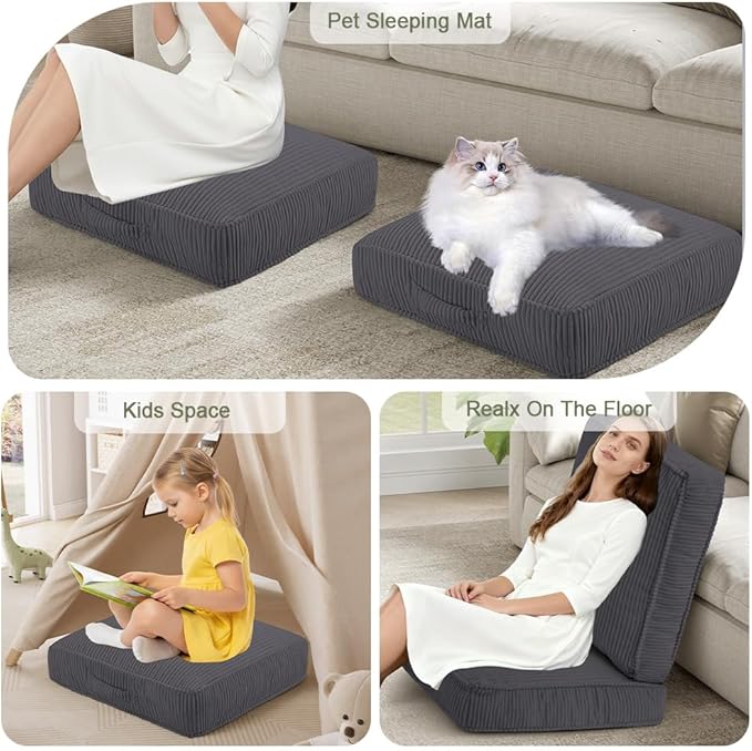 Floor Pillow for Adults Set of 2, 4" Square Floor Cushions with Washable Cover, Large Corduroy Meditation Pillow, 22 inches Tatami Seat with Handle for Living Room or Yoga, Dark Grey