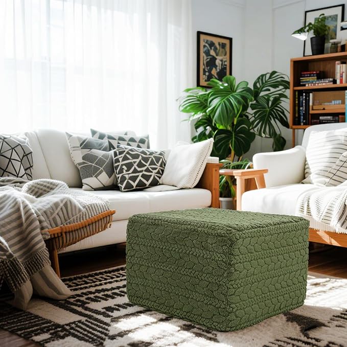 20x20x14 Inches Fluffy Square Pouf Ottoman - Plush Furry Boneless Ottoman Foot Rest Stool with High-Density Foam, Versatile Floor Seating for Living Room (Forest Green)