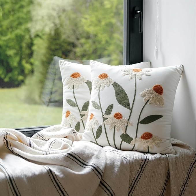 Breling 2 Pack Spring Embroidered Floral Pillow Covers 18x18 Inch Daisy Decor Decorative Velvet Boho Pillow Cases Embroidered Tufted Couch Pillows Covers for Living Room Sofa Bed Spring Decor