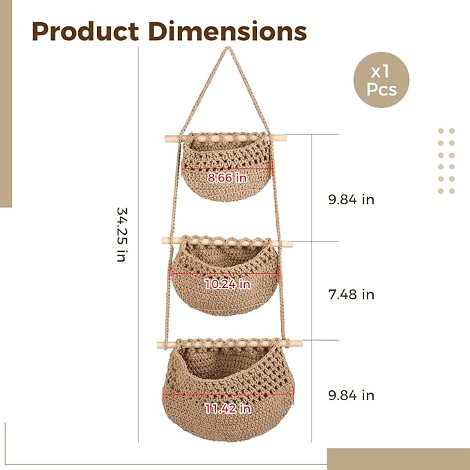3 Tier Woven Natural Jute Macrame Wall Hanging Basket, Handmade Boho Bohemian Rustic Charm Decorative Style for Fruits, Vegetables, Plants, Kitchen & Home Decoration