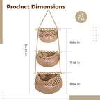 3 Tier Woven Natural Jute Macrame Wall Hanging Basket, Handmade Boho Bohemian Rustic Charm Decorative Style for Fruits, Vegetables, Plants, Kitchen & Home Decoration