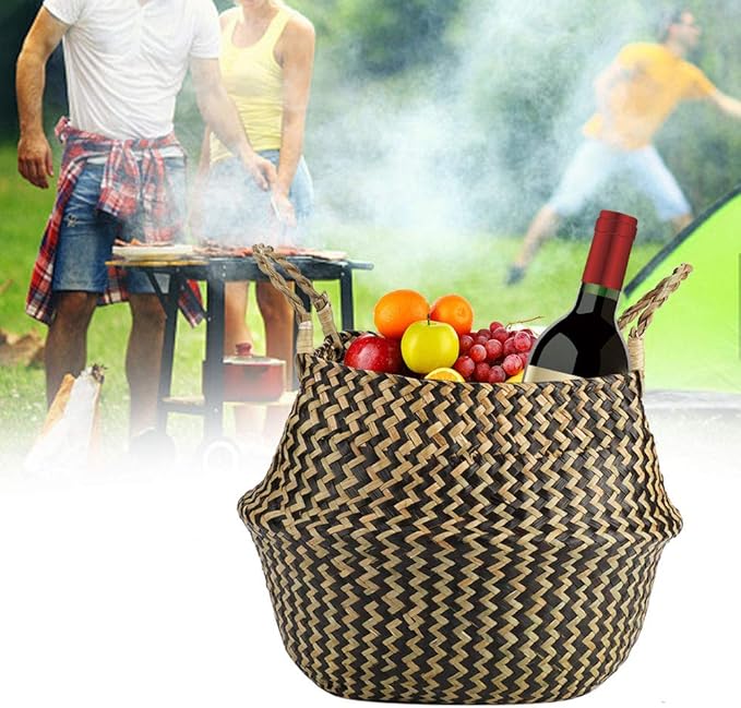 1Pc Woven Seagrass Belly Basket for Storage, Laundry, Picnic, Plant Pot Cover, and Grocery and Toy Storage (Black (Wavy Pattern))