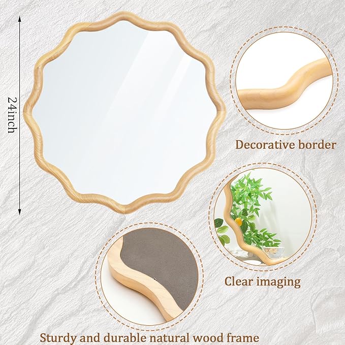 Wooden Bathroom Round Circle Mirror for Wall, Boho Wavy with Tempered Glass, Natural Frame Vanity Mirror Hanging/Leaning for Bedroom, Living Room, Entryway, Farmhouse(24 Inch,Scalloped)