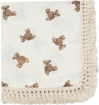 insular Cotton Muslin Baby Blanket with Tassel, Boho Bohemian Muslin Swaddle Blanket Baby Receiving Blanket with Fringe, Nursery Decor Throw or Nursing Blankets, 47" x40”, Little Bear