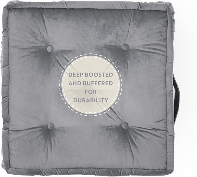 Square Floor Cushion, Floor Pillow Thick Floor Seating, Comfortable Supportive, Quilted Soft Booster Seat Pad for Yoga Meditation, Yoga Cushion, 22x22x4.7 Inch, Ibiza, Light Grey