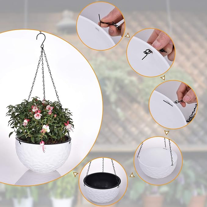 Foraineam 10.2 Inch Dual-pots Design Hanging Planters, Self-Watering Indoor Outdoor Hanging Flower Basket Plant Pot with Drainer and Hanging Chain, White